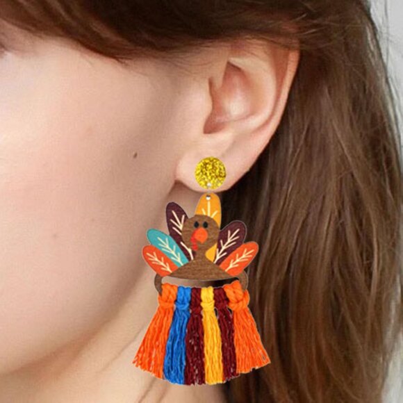 Wooden Turkey Pumpkin Maple Leaf Colorful Tassel Thanksgiving Earrings for Women - Picture 3 of 6